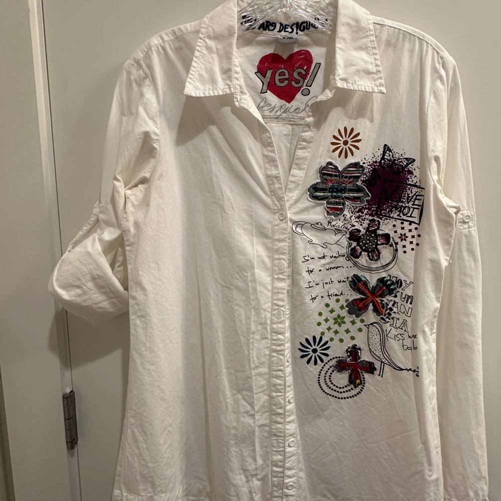Desigual button down with appliqué and Stones’ Lyric